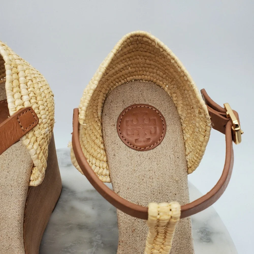 Tory Burch Carina Macrame Straw Wedge Sandals Royal Tan Leather T-Strap‎ US 9.5M